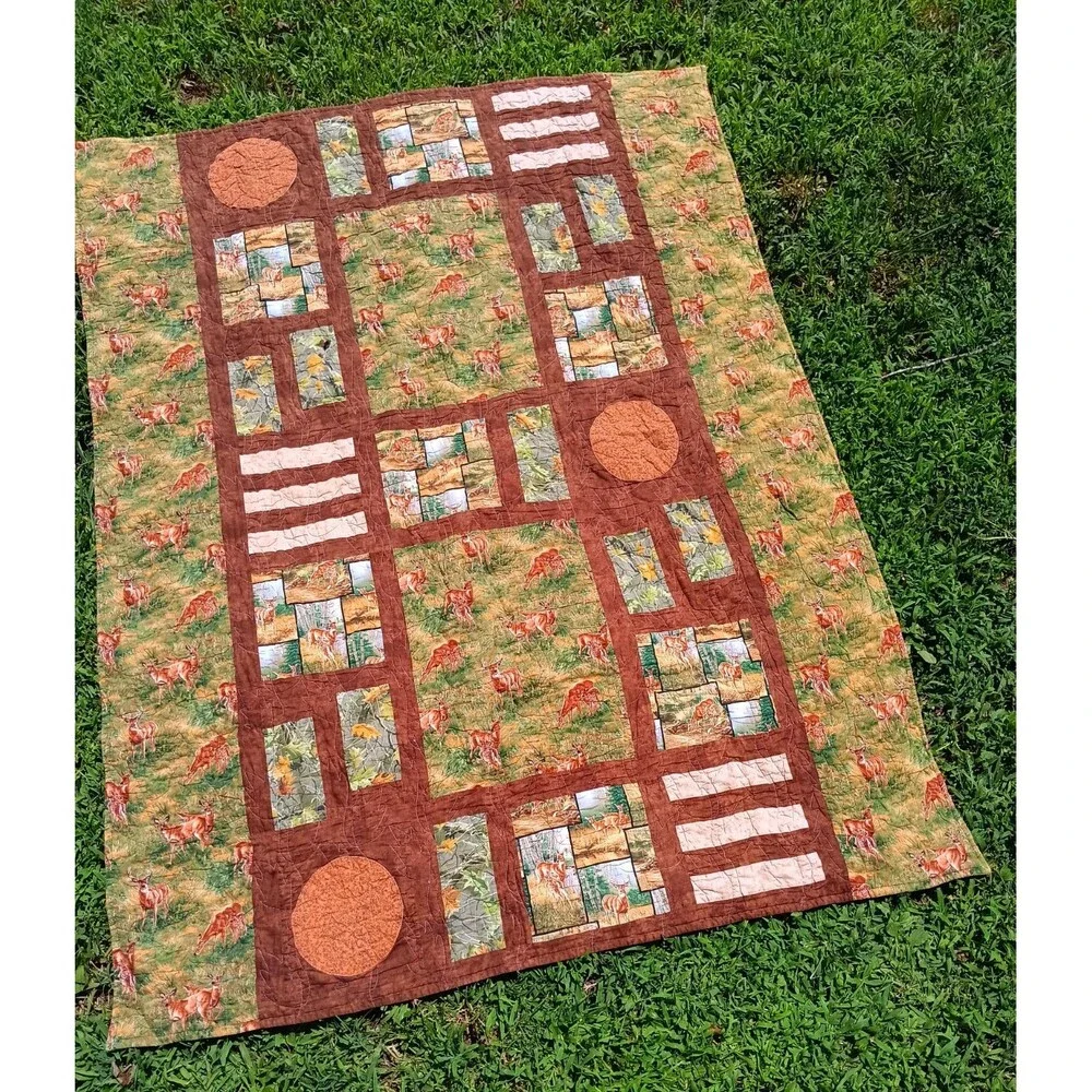 Homemade Deer Rustic Leaf Stitch Applique Cabin Lodge Throw Blanket 58x75